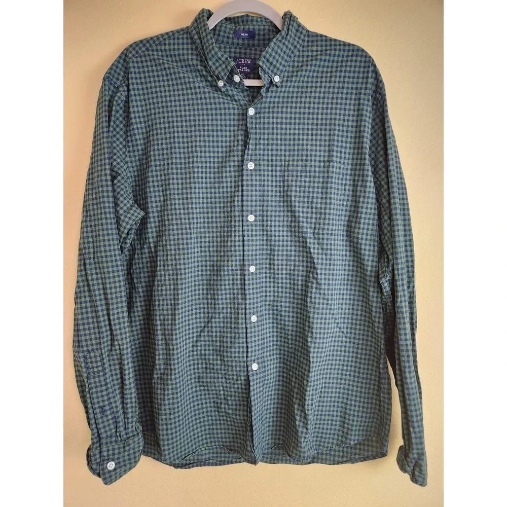 J.Crew‎ Flex Washed Slim Fit Gingham Button Down Shirt Mens XL Green Navy Blue